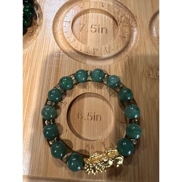 Green Jade Glass Beaded Bracelets With Gold Pi Xiu Charms 6.5" & 7" Sizes Stretc - Picture 4 of 7